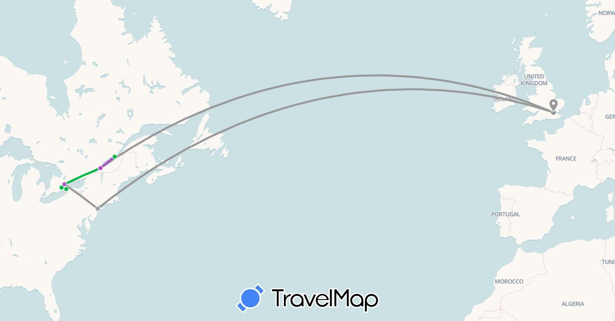 TravelMap itinerary: driving, bus, plane, train in Canada, United Kingdom, United States (Europe, North America)